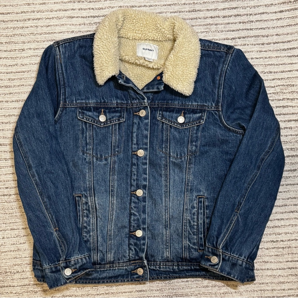 Old Navy Sherpa Lined Denim Jacket Button Front Womens Size Large - Picture 2 of 7